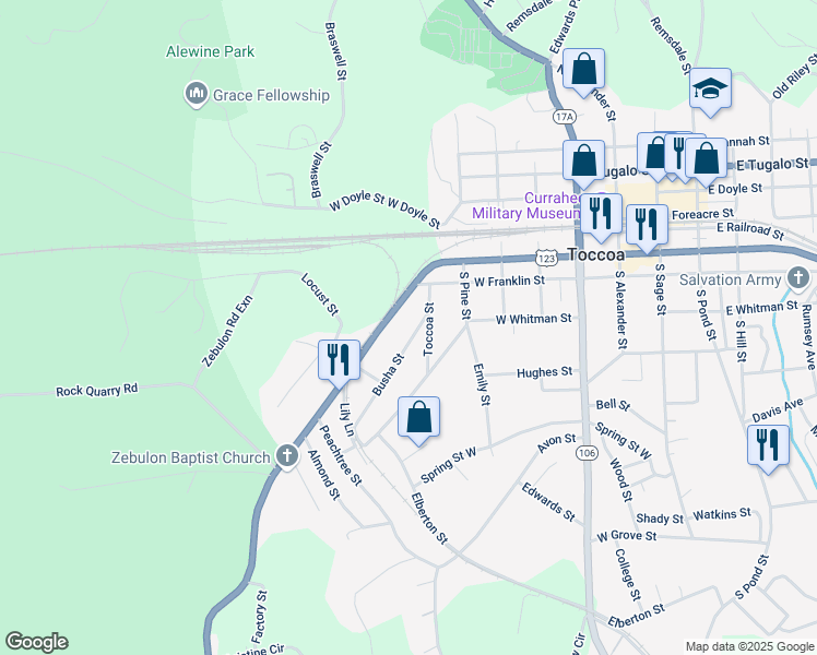 map of restaurants, bars, coffee shops, grocery stores, and more near 62 Busha Street in Toccoa