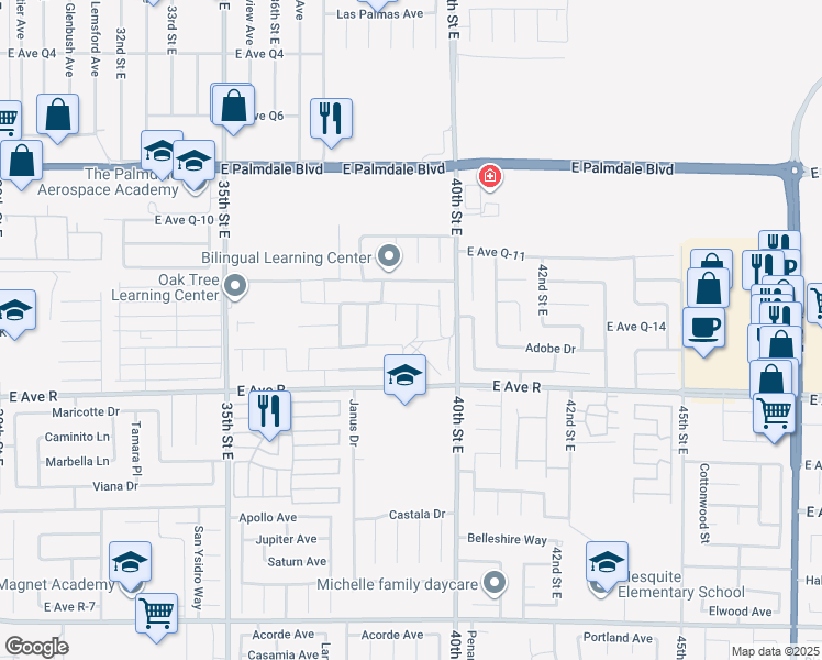 map of restaurants, bars, coffee shops, grocery stores, and more near 38105 Medea Court in Palmdale