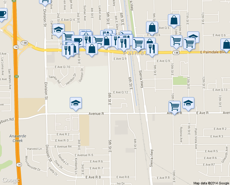 map of restaurants, bars, coffee shops, grocery stores, and more near 38210 5th Street East in Palmdale