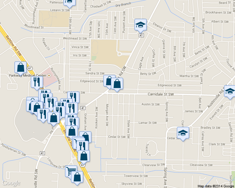 map of restaurants, bars, coffee shops, grocery stores, and more near 1309 Carridale Street Southwest in Decatur