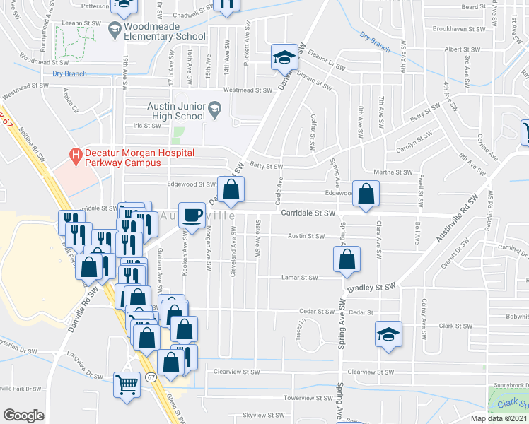 map of restaurants, bars, coffee shops, grocery stores, and more near 1033 Carridale Street Southwest in Decatur