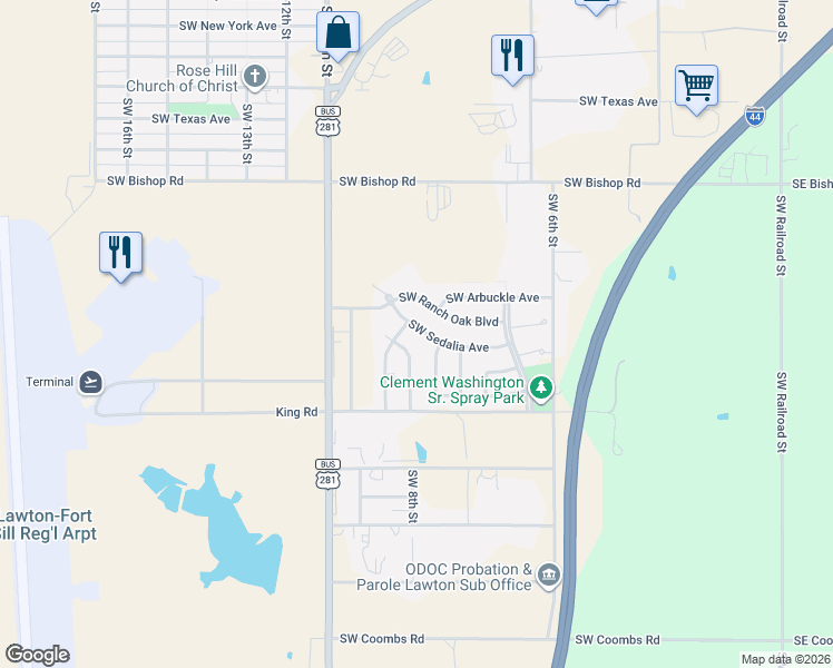 map of restaurants, bars, coffee shops, grocery stores, and more near 912 Southwest Sedalia Avenue in Lawton