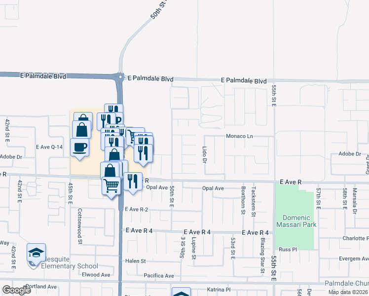 map of restaurants, bars, coffee shops, grocery stores, and more near 5032 Carlo Court in Palmdale