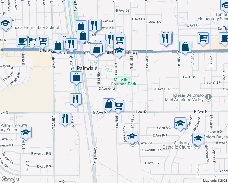 map of restaurants, bars, coffee shops, grocery stores, and more near 38114 10th Street East in Palmdale