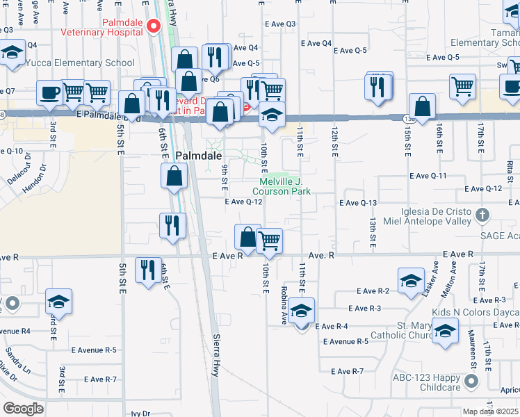 map of restaurants, bars, coffee shops, grocery stores, and more near 38114 10th Street East in Palmdale