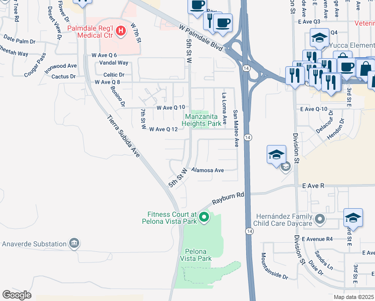 map of restaurants, bars, coffee shops, grocery stores, and more near 38126 High Country Road in Palmdale