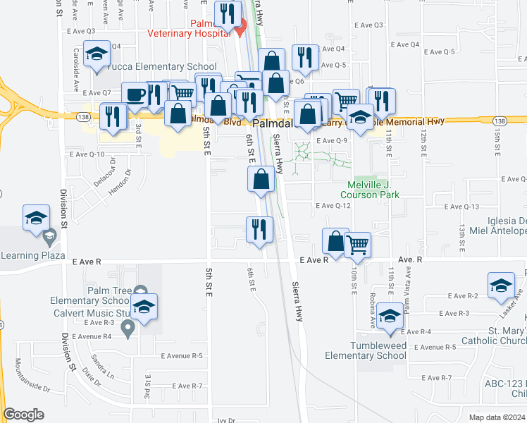 map of restaurants, bars, coffee shops, grocery stores, and more near 38144 6th Street East in Palmdale
