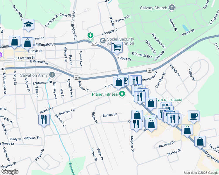 map of restaurants, bars, coffee shops, grocery stores, and more near 646 Davis Avenue in Toccoa