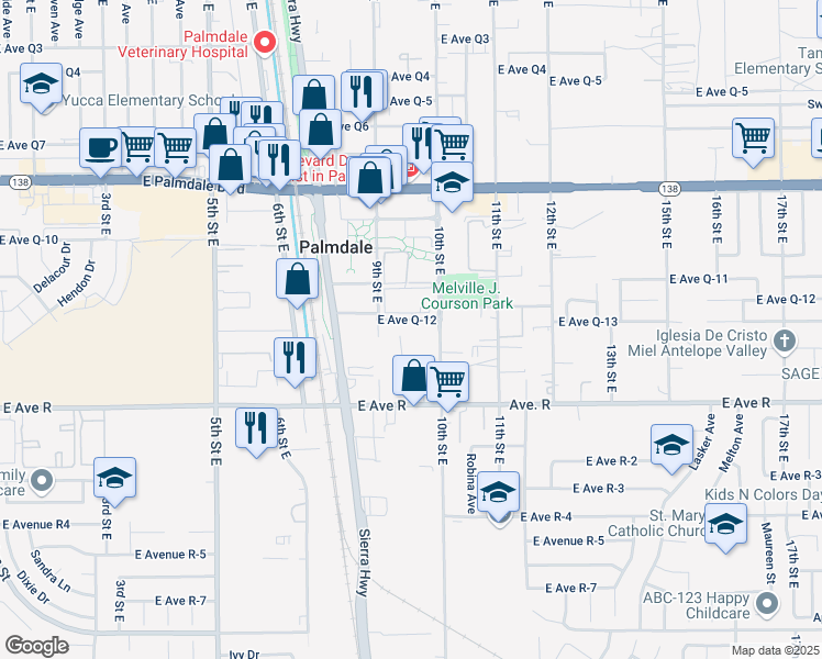 map of restaurants, bars, coffee shops, grocery stores, and more near 936 East Avenue Q-12 in Palmdale