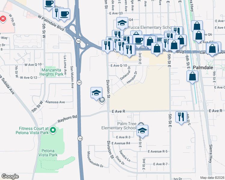 map of restaurants, bars, coffee shops, grocery stores, and more near 116 Glory Place in Palmdale