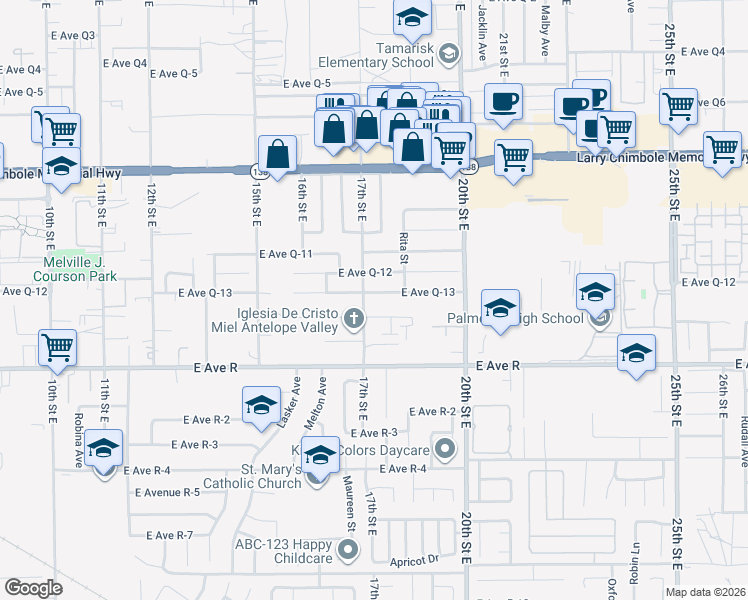 map of restaurants, bars, coffee shops, grocery stores, and more near 1710 East Avenue Q13 in Palmdale