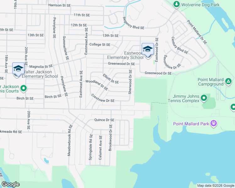map of restaurants, bars, coffee shops, grocery stores, and more near 2409 Woodland Street Southeast in Decatur