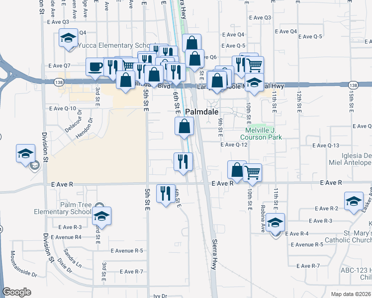 map of restaurants, bars, coffee shops, grocery stores, and more near 38144 6th Street East in Palmdale