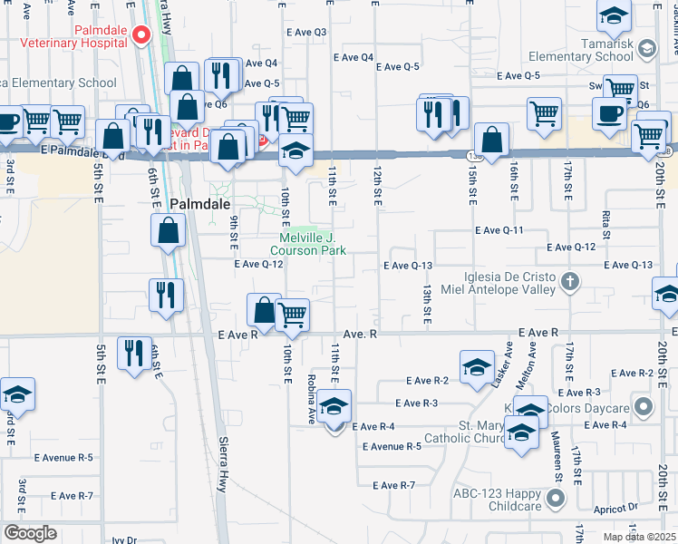 map of restaurants, bars, coffee shops, grocery stores, and more near 38126 11th Street East in Palmdale