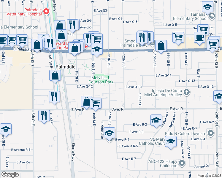map of restaurants, bars, coffee shops, grocery stores, and more near 38126 11th Street East in Palmdale