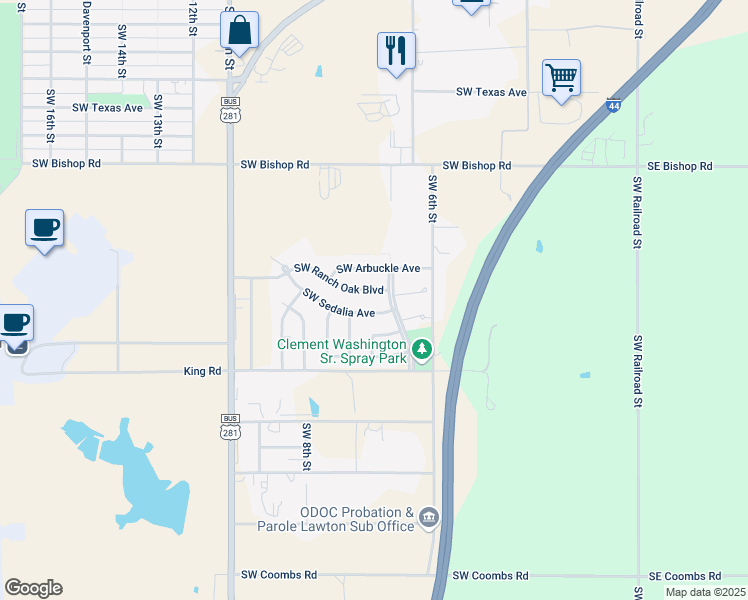 map of restaurants, bars, coffee shops, grocery stores, and more near 708 Southwest Ranch Oak Boulevard in Lawton