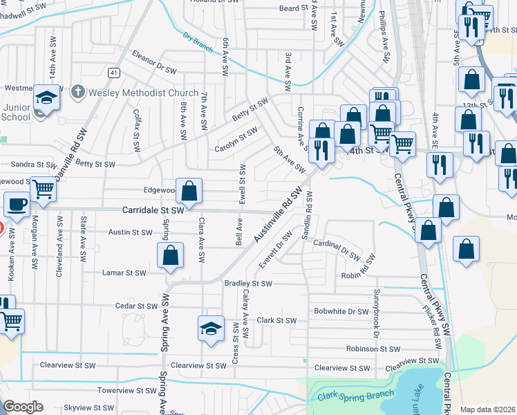 map of restaurants, bars, coffee shops, grocery stores, and more near 428 Carridale Street Southwest in Decatur