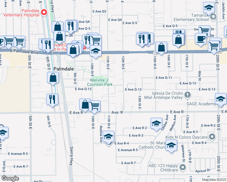 map of restaurants, bars, coffee shops, grocery stores, and more near 38130 11th Street East in Palmdale