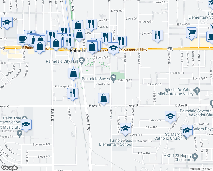 map of restaurants, bars, coffee shops, grocery stores, and more near 936 East Avenue Q-12 in Palmdale