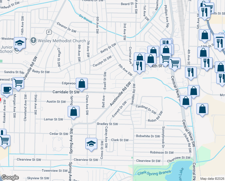 map of restaurants, bars, coffee shops, grocery stores, and more near 428 Carridale Street Southwest in Decatur