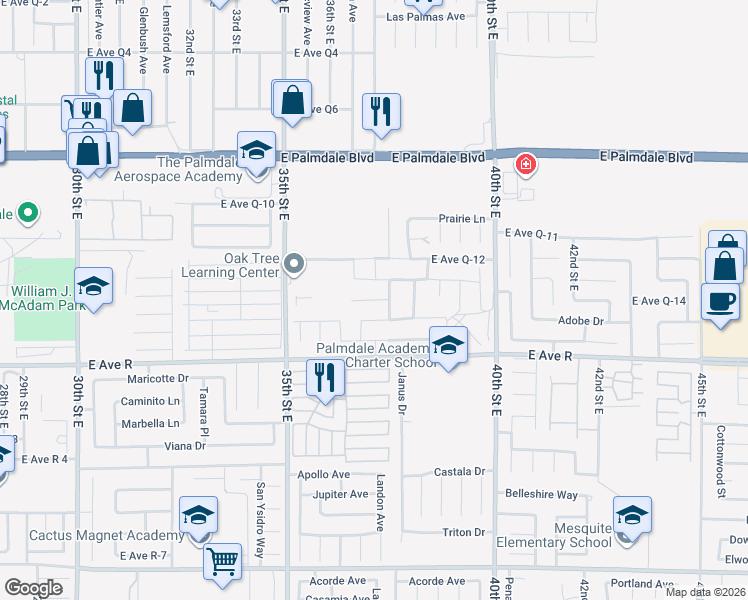 map of restaurants, bars, coffee shops, grocery stores, and more near Avenue Q-14 in Palmdale