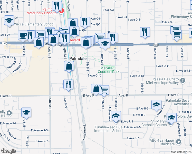 map of restaurants, bars, coffee shops, grocery stores, and more near 938 East Avenue Q-12 in Palmdale
