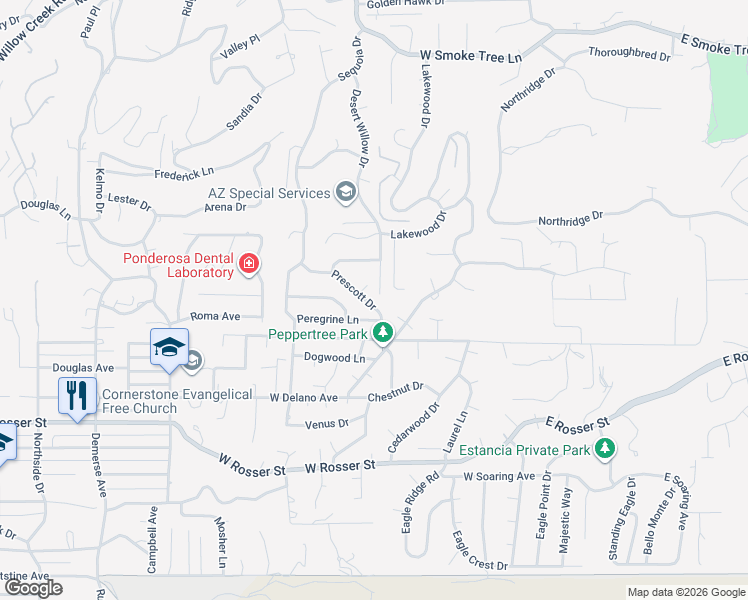 map of restaurants, bars, coffee shops, grocery stores, and more near 357 Prescott Drive in Prescott