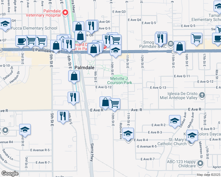 map of restaurants, bars, coffee shops, grocery stores, and more near 38114 10th Street East in Palmdale