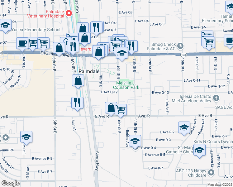 map of restaurants, bars, coffee shops, grocery stores, and more near 958 East Avenue Q12 in Palmdale