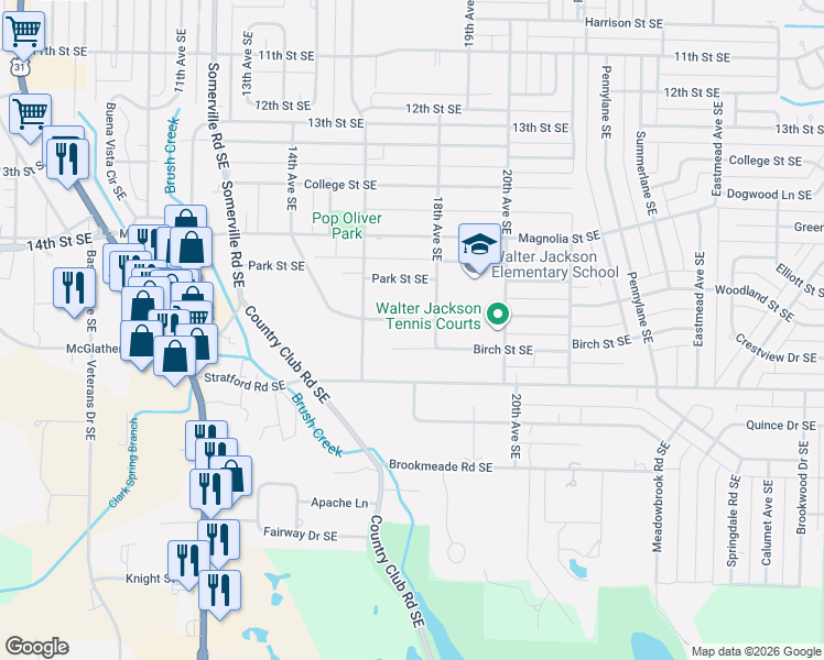 map of restaurants, bars, coffee shops, grocery stores, and more near 1607 Woodland Street Southeast in Decatur