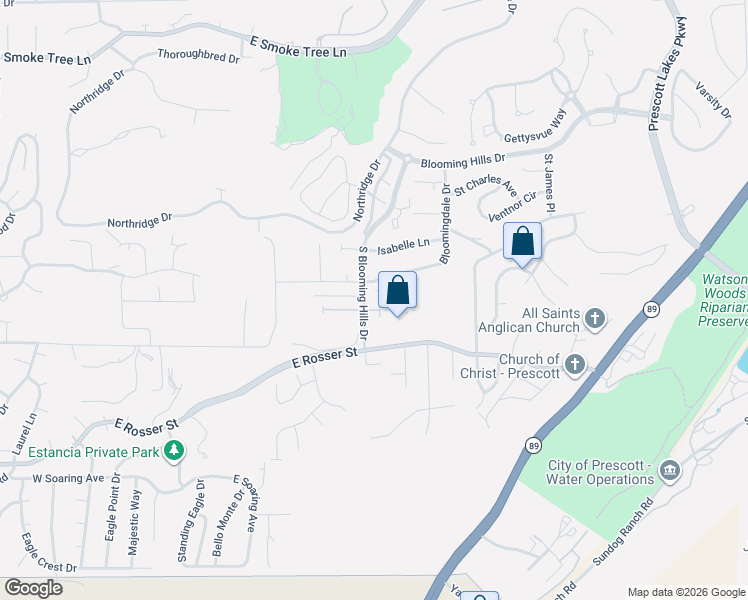 map of restaurants, bars, coffee shops, grocery stores, and more near 1889 Kensington Court in Prescott