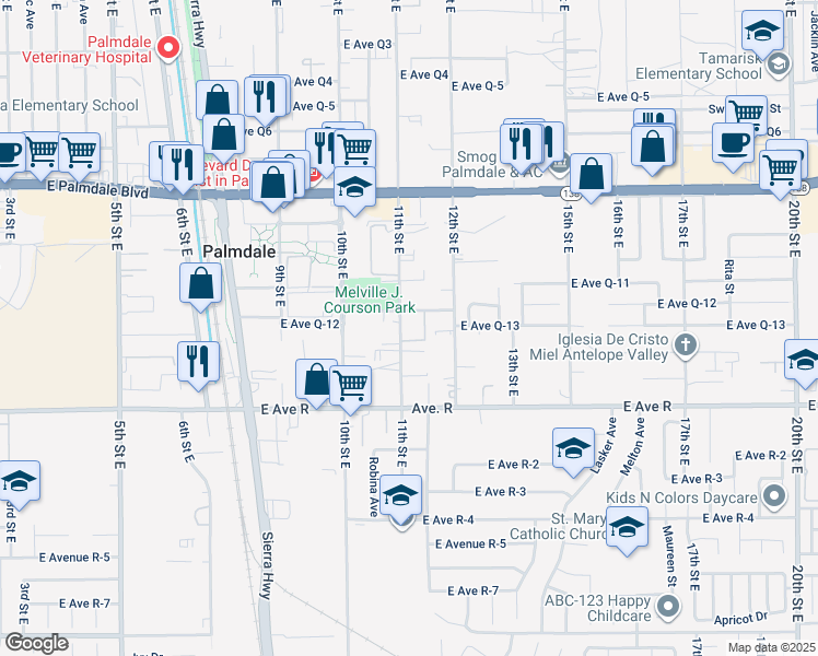 map of restaurants, bars, coffee shops, grocery stores, and more near 38130 11th Street East in Palmdale