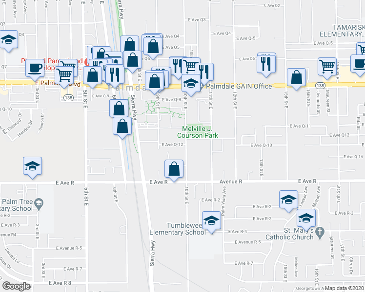 map of restaurants, bars, coffee shops, grocery stores, and more near 38114 10th Street East in Palmdale
