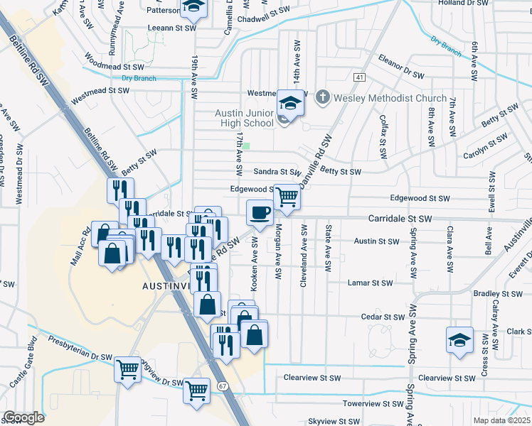 map of restaurants, bars, coffee shops, grocery stores, and more near 1501 Danville Road Southwest in Decatur