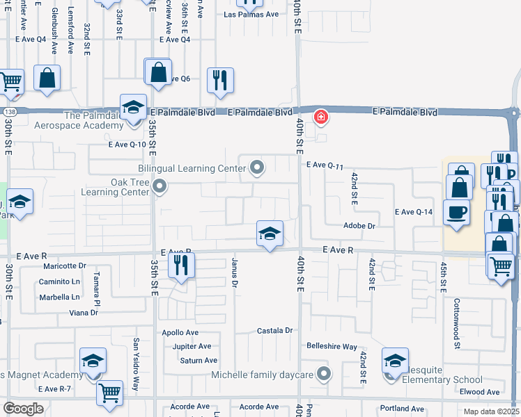 map of restaurants, bars, coffee shops, grocery stores, and more near 38th Street East in Palmdale