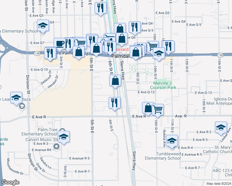map of restaurants, bars, coffee shops, grocery stores, and more near 38200 6th Street East in Palmdale