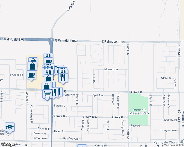 map of restaurants, bars, coffee shops, grocery stores, and more near 38131 Lido Drive in Palmdale