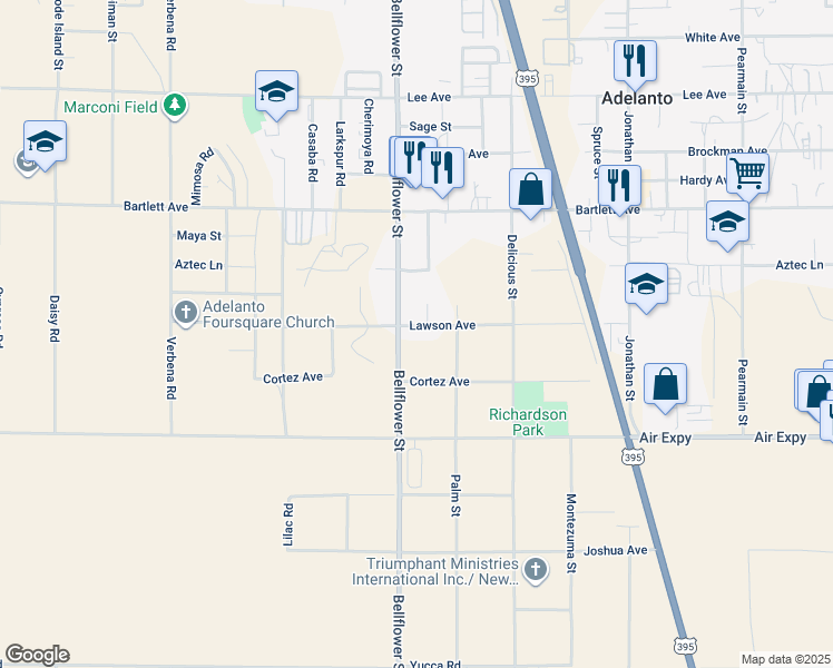 map of restaurants, bars, coffee shops, grocery stores, and more near 11331 Lawson Avenue in Adelanto