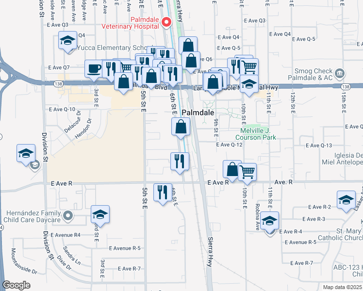 map of restaurants, bars, coffee shops, grocery stores, and more near 38200 6th Street East in Palmdale