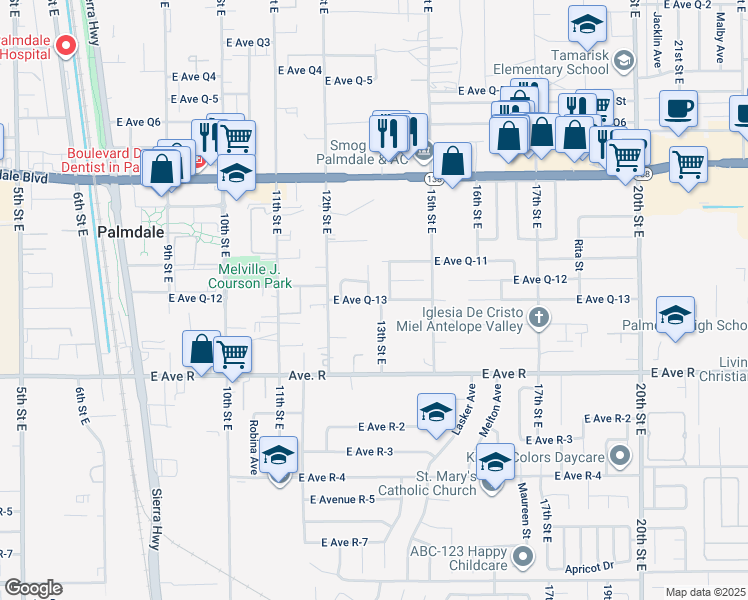 map of restaurants, bars, coffee shops, grocery stores, and more near 1224 East Avenue Q13 in Palmdale