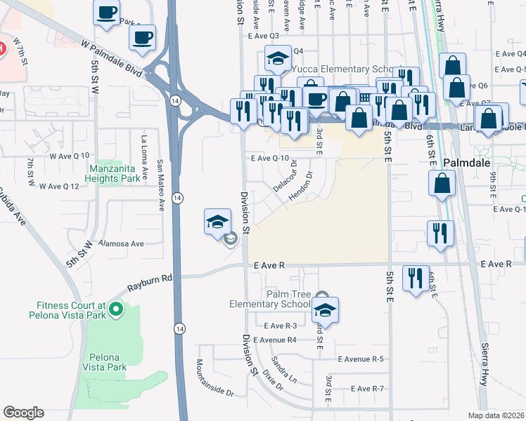map of restaurants, bars, coffee shops, grocery stores, and more near 116 Glory Place in Palmdale