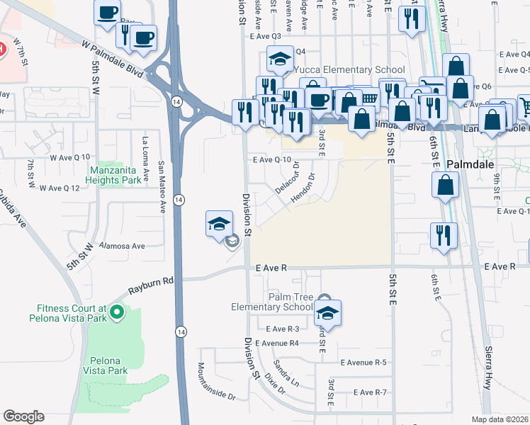 map of restaurants, bars, coffee shops, grocery stores, and more near 116 Glory Place in Palmdale