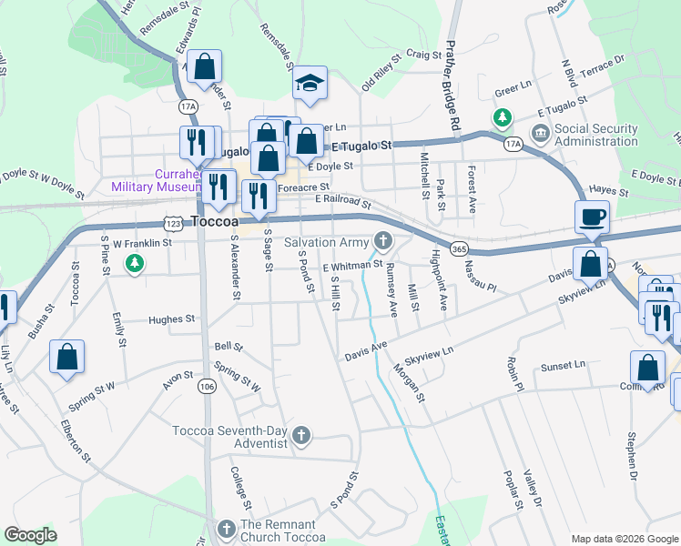 map of restaurants, bars, coffee shops, grocery stores, and more near 151 South Hill Street in Toccoa