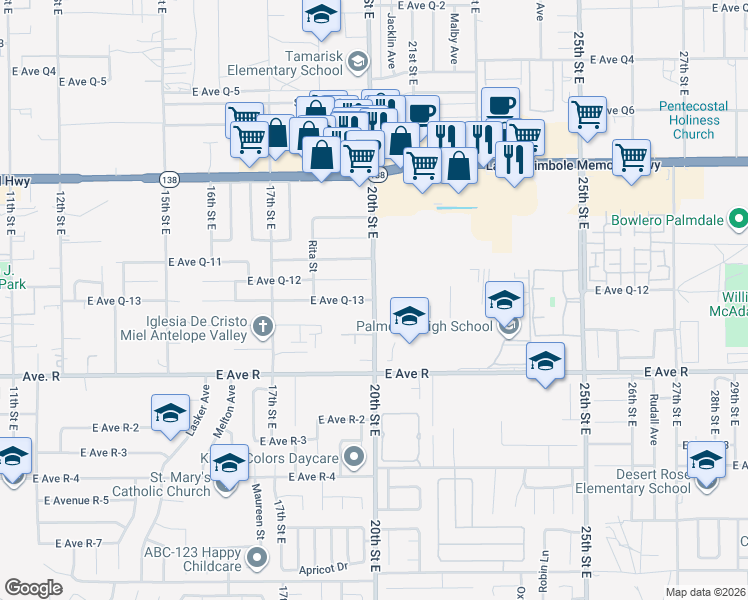 map of restaurants, bars, coffee shops, grocery stores, and more near 3102 East Avenue Q13 in Palmdale