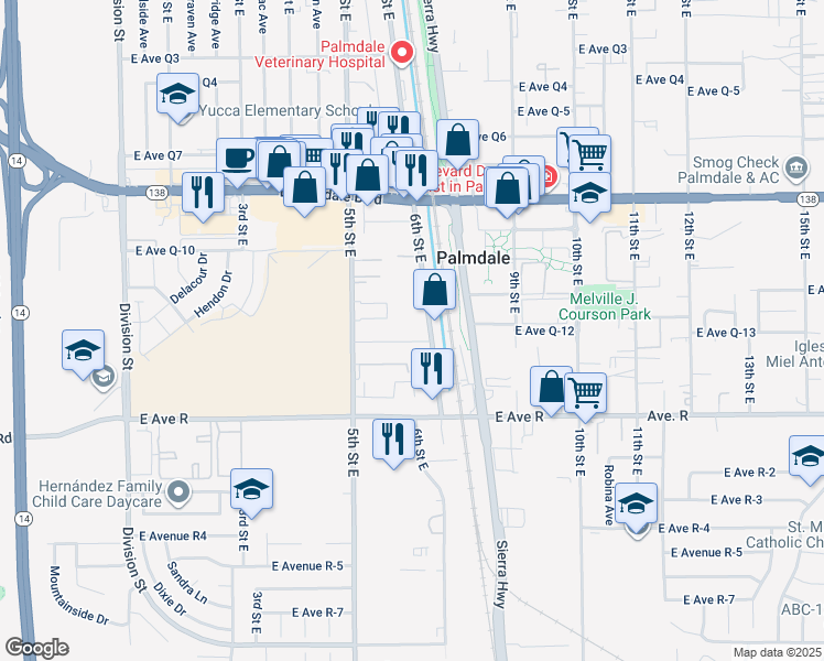 map of restaurants, bars, coffee shops, grocery stores, and more near 565 East Avenue Q12 in Palmdale