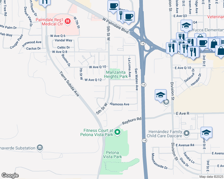 map of restaurants, bars, coffee shops, grocery stores, and more near 38126 High Country Road in Palmdale