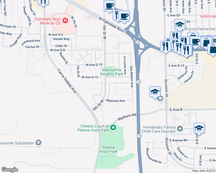 map of restaurants, bars, coffee shops, grocery stores, and more near 38135 Miramonte Avenue in Palmdale