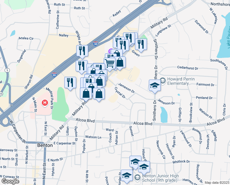 map of restaurants, bars, coffee shops, grocery stores, and more near 1215 Military Road in Benton