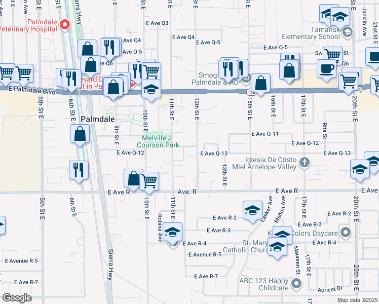 map of restaurants, bars, coffee shops, grocery stores, and more near 38130 11th Street East in Palmdale