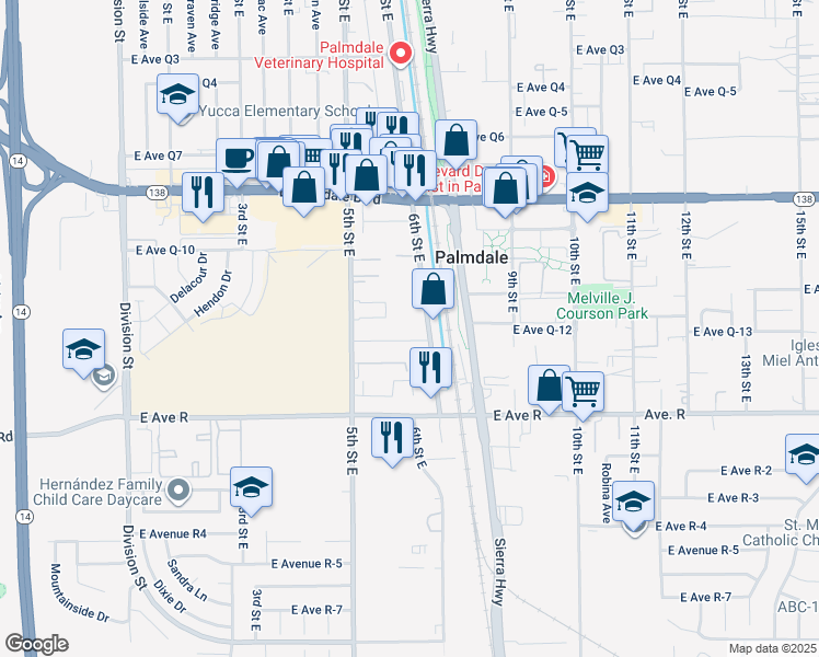 map of restaurants, bars, coffee shops, grocery stores, and more near 550 East Avenue Q12 in Palmdale